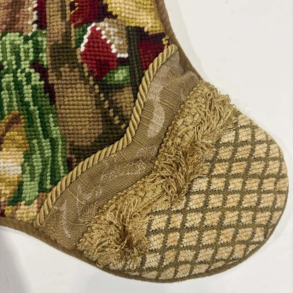 Vintage Santa Claus Wool Needlepoint Christmas Stocking Gold Velvet Backing 15